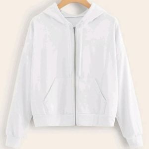 Shein White solid zip up Drawstring hoodie